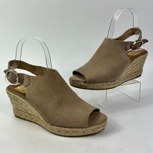 Kanna Wedge Espadrille Sandals 7.5 Beige Suede Peep Toe Jute Platform Slingback